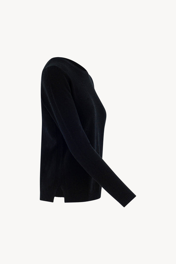 Girocollo in Maglia Rasata in Puro Cashmere Nero