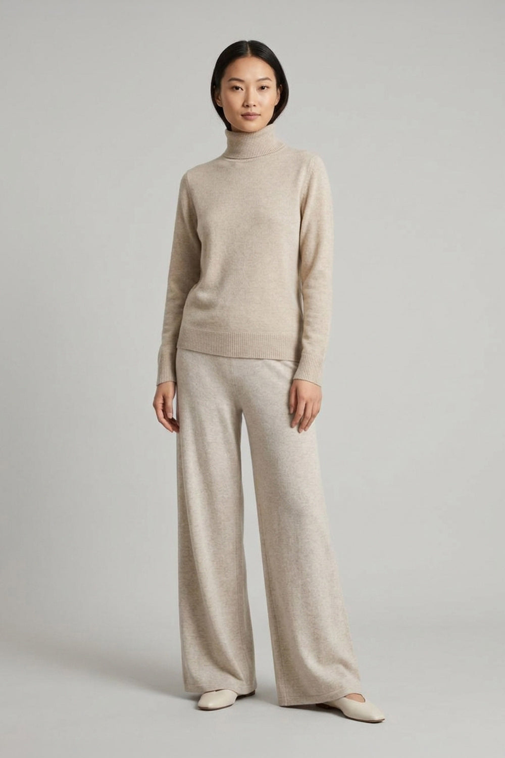 Beige Pure Cashmere Turtle Neck Sweater in Plain Stitch