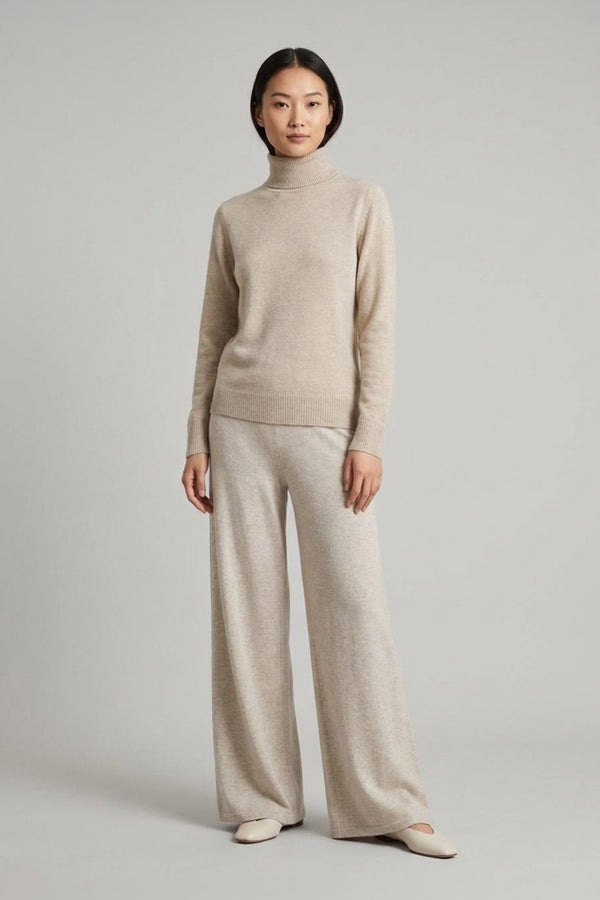 Dolcevita in Maglia Rasata in Puro Cashmere Avena
