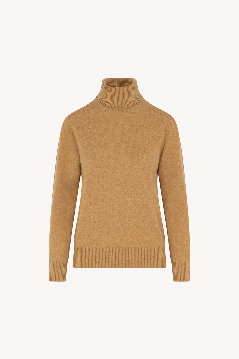 Dolcevita in Maglia Rasata in Puro Cashmere Cammello