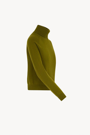Olive Green Pure Cashmere Turtleneck Sweater with Raglan Sleeves
