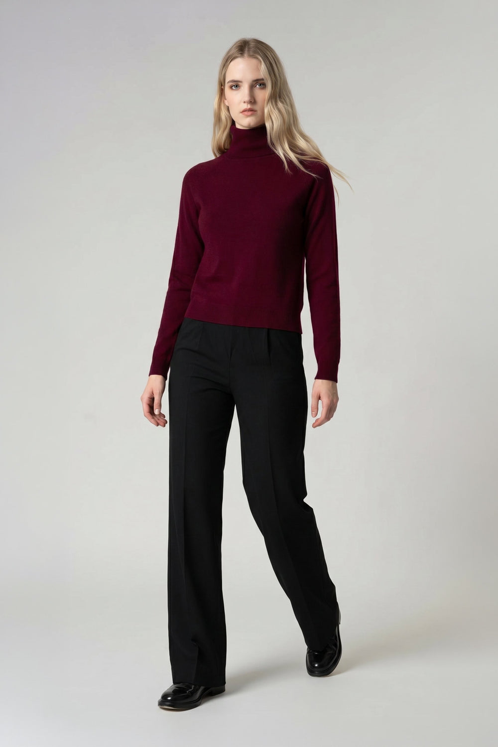 Dark Red Pure Cashmere Turtleneck Sweater with Raglan Sleeves