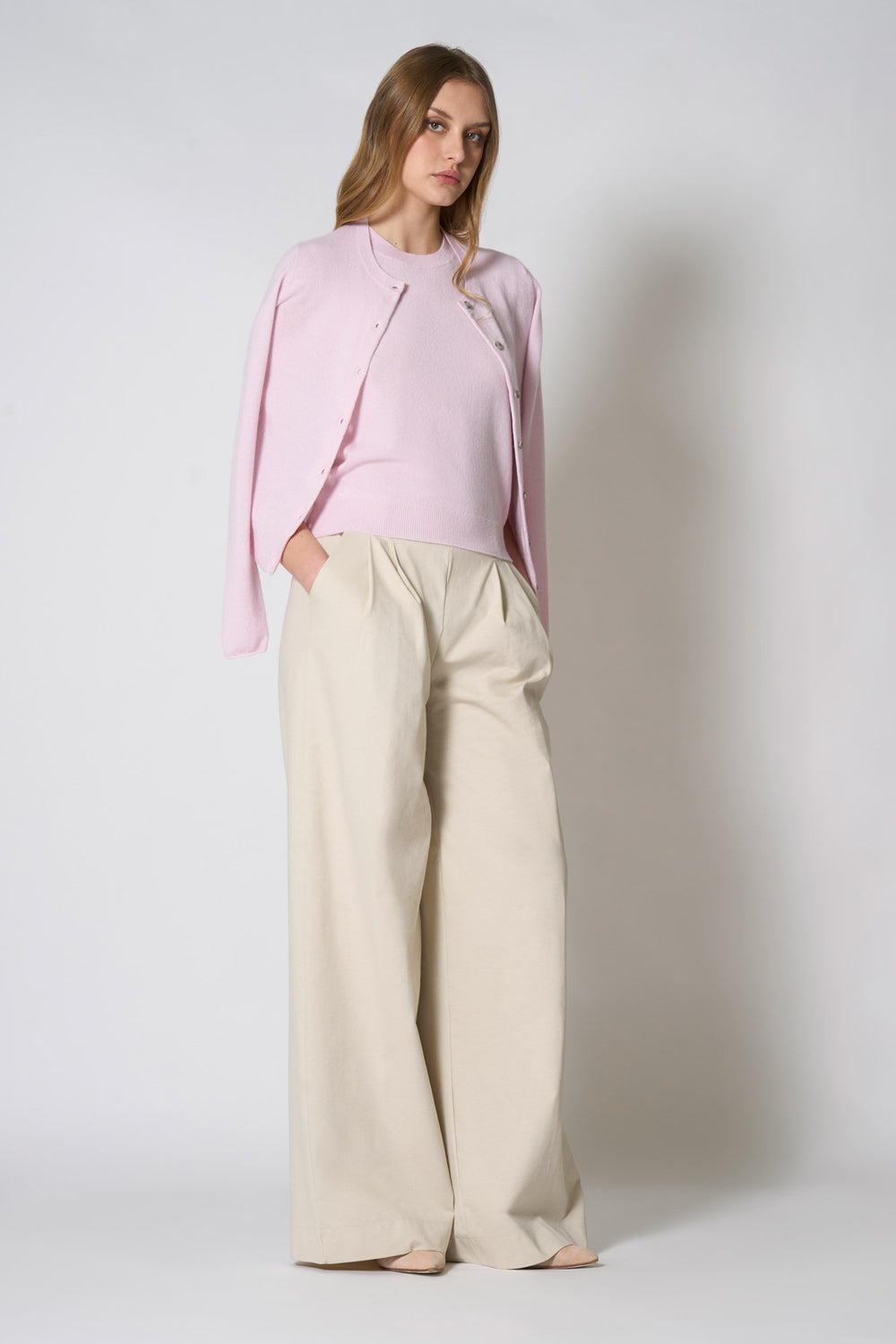 Cardigan Girocollo in Puro Cashmere Rosa