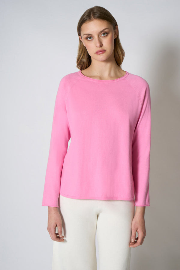 Maglia Girocollo in Cotone Seta Cashmere Rosa