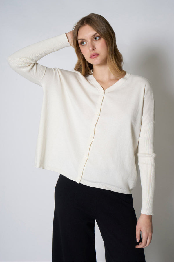 Cardigan Over in Cotone Seta Cashmere Bianco Latte