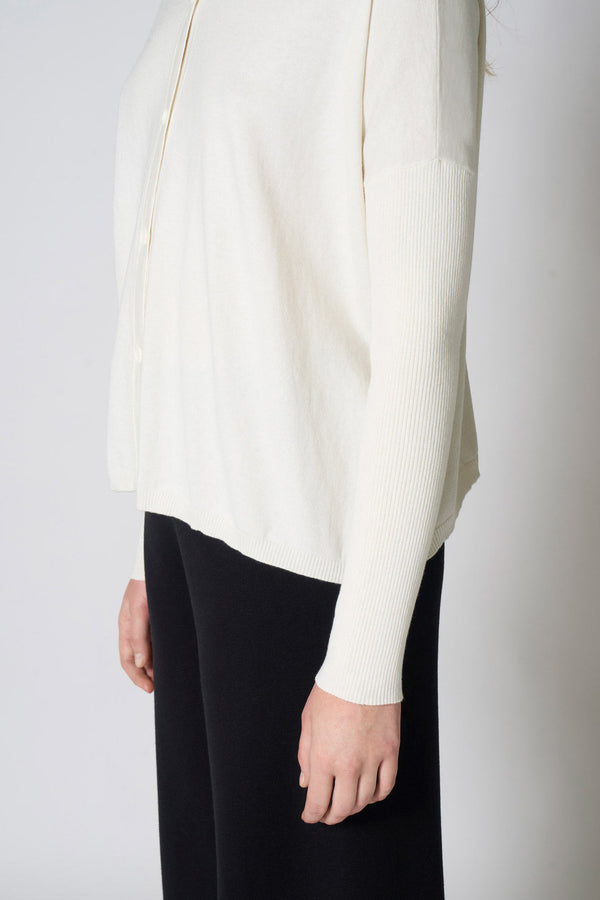 Cardigan Over in Cotone Seta Cashmere Bianco Latte