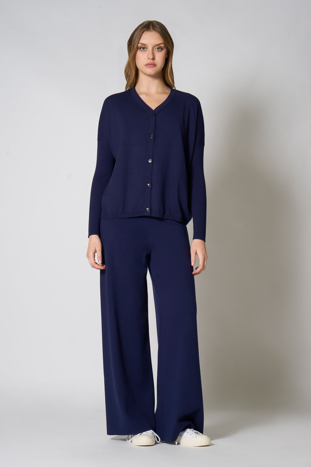 Cardigan Over in Cotone Seta Cashmere Blu