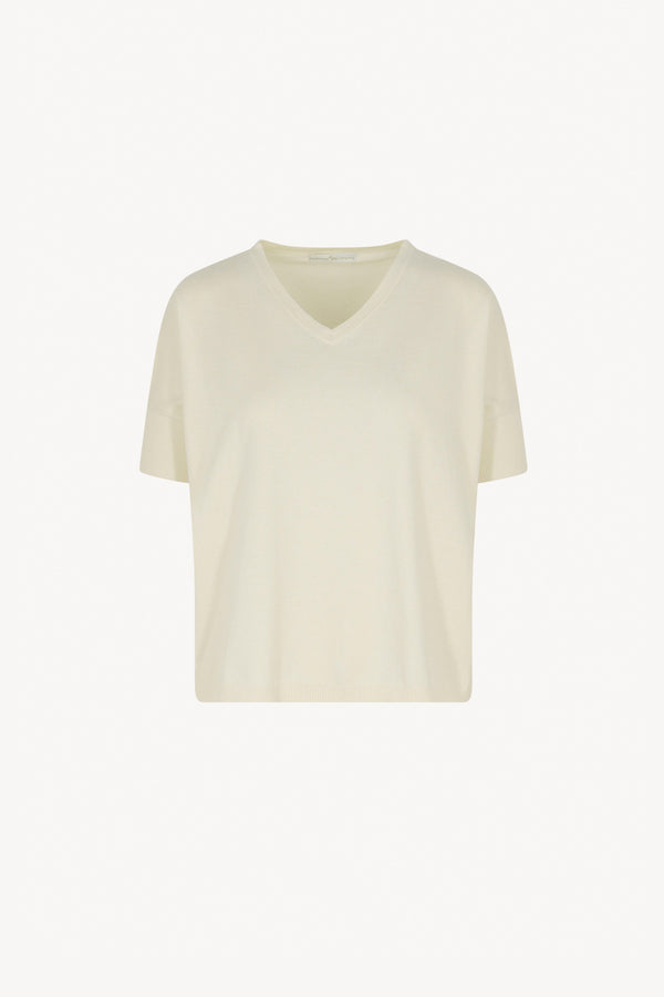 Maglia Scollo a V Mezza Manica Over in Cotone Seta Cashmere Bianco Latte