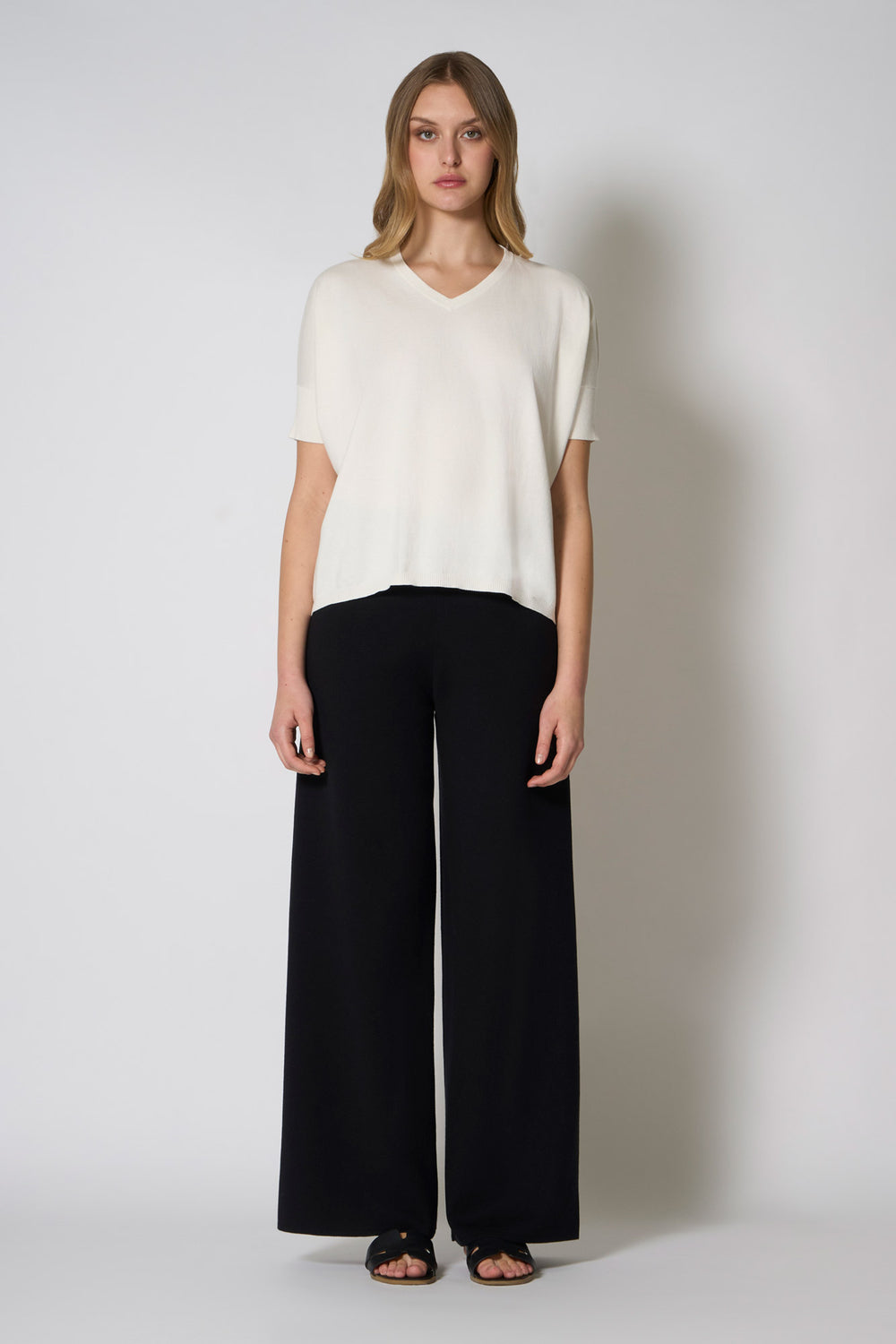 Maglia Scollo a V Mezza Manica Over in Cotone Seta Cashmere Bianco Latte