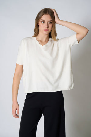 Maglia Scollo a V Mezza Manica Over in Cotone Seta Cashmere Bianco Latte