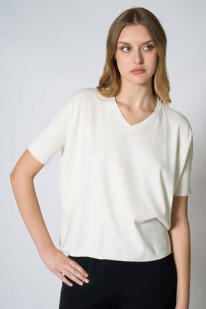 Maglia Scollo a V Mezza Manica Over in Cotone Seta Cashmere Bianco Latte