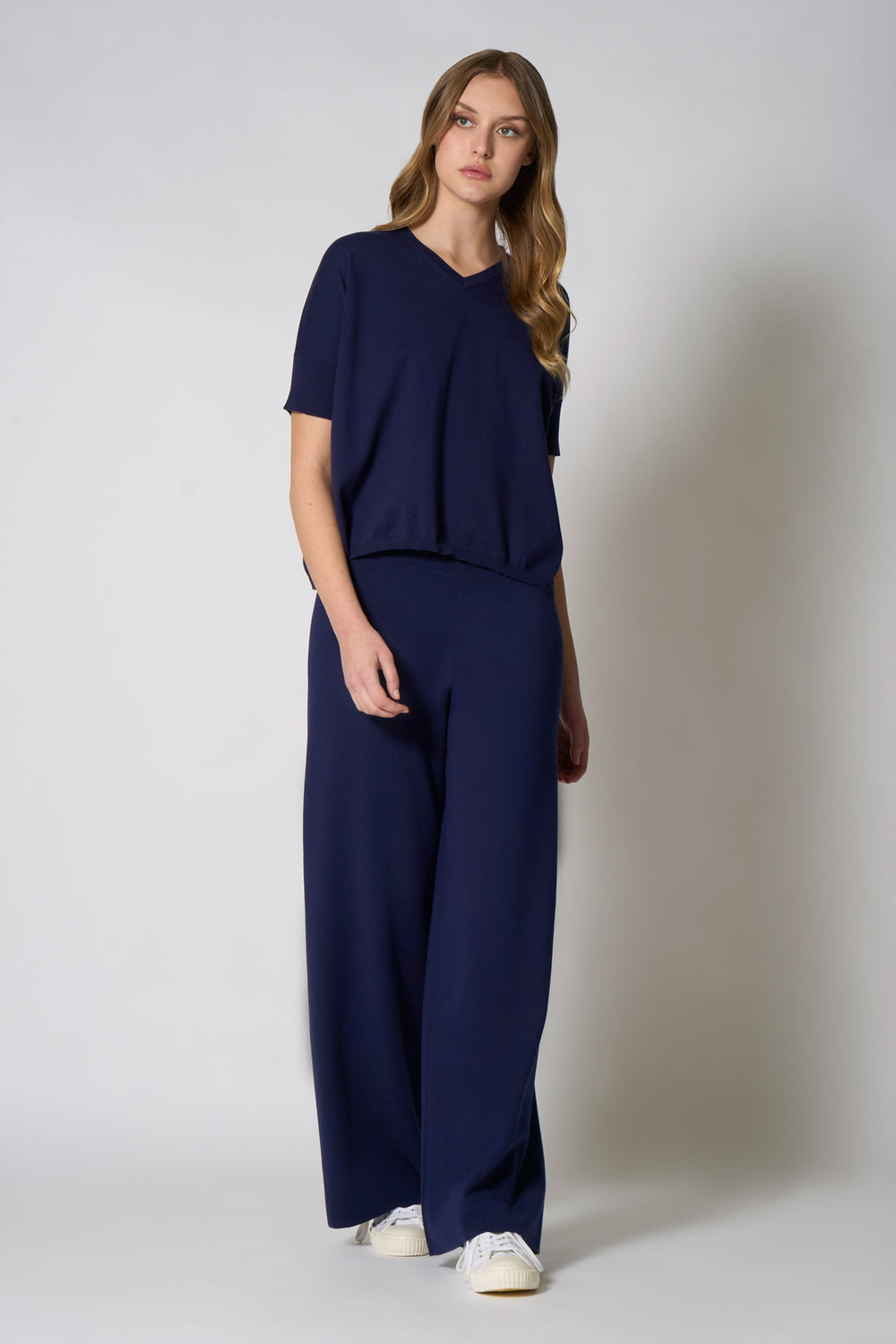 Maglia Scollo a V Mezza Manica Over in Cotone Seta Cashmere Blu