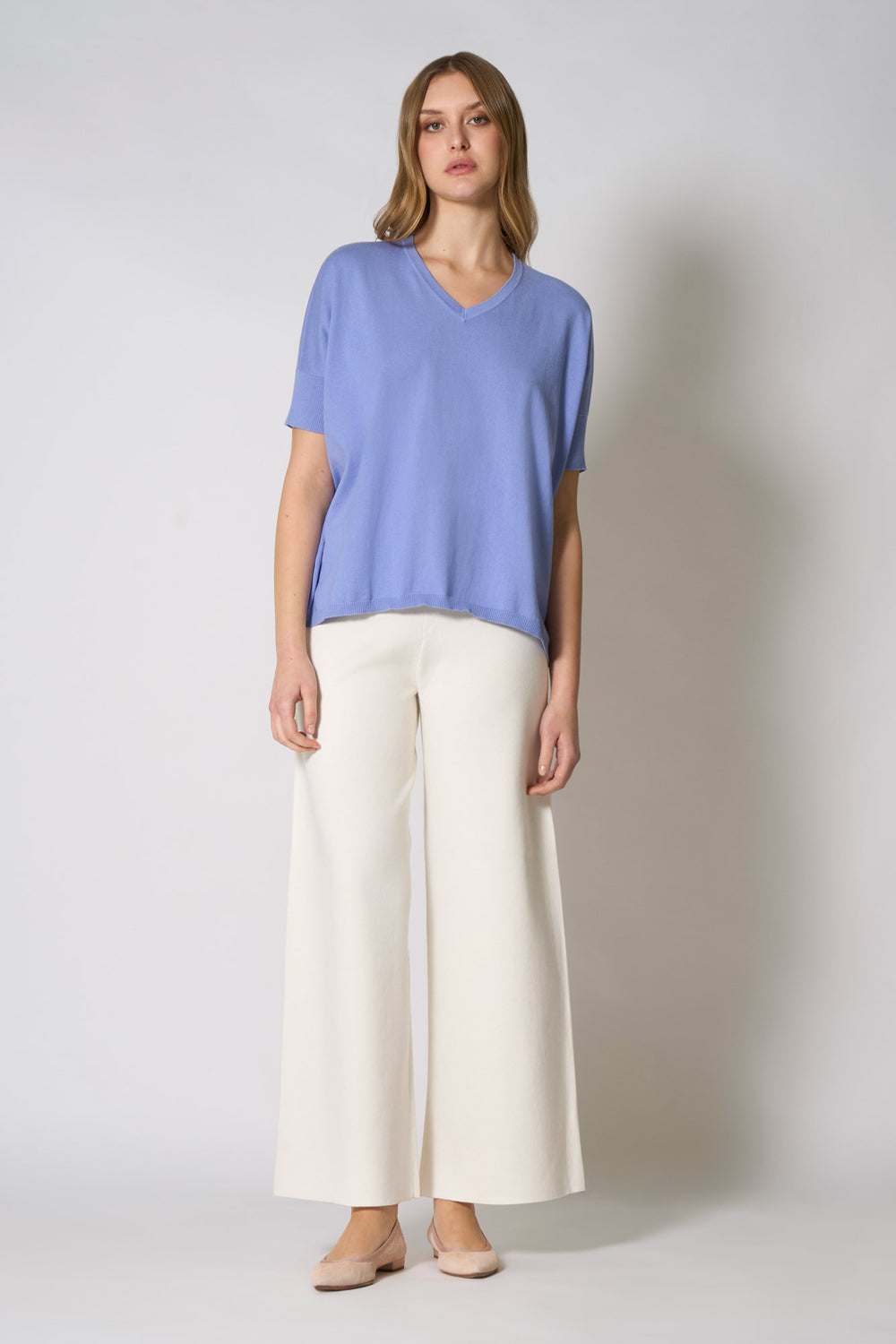 Maglia Scollo a V Mezza Manica Over in Cotone Seta Cashmere Fiordaliso