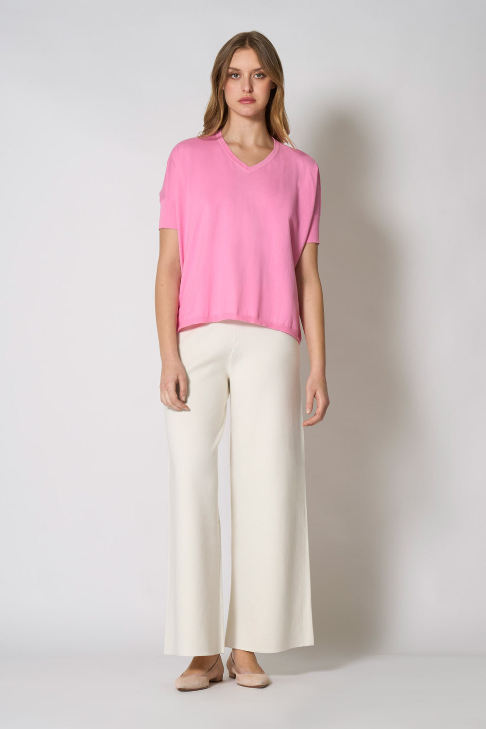 Maglia Scollo a V Mezza Manica Over in Cotone Seta Cashmere Rosa