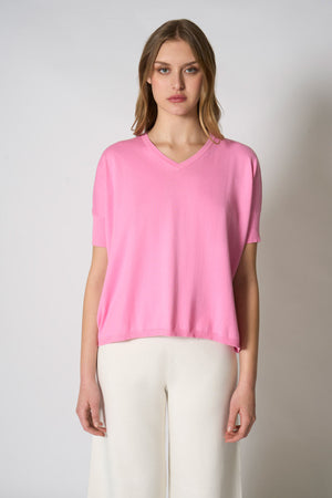Maglia Scollo a V Mezza Manica Over in Cotone Seta Cashmere Rosa