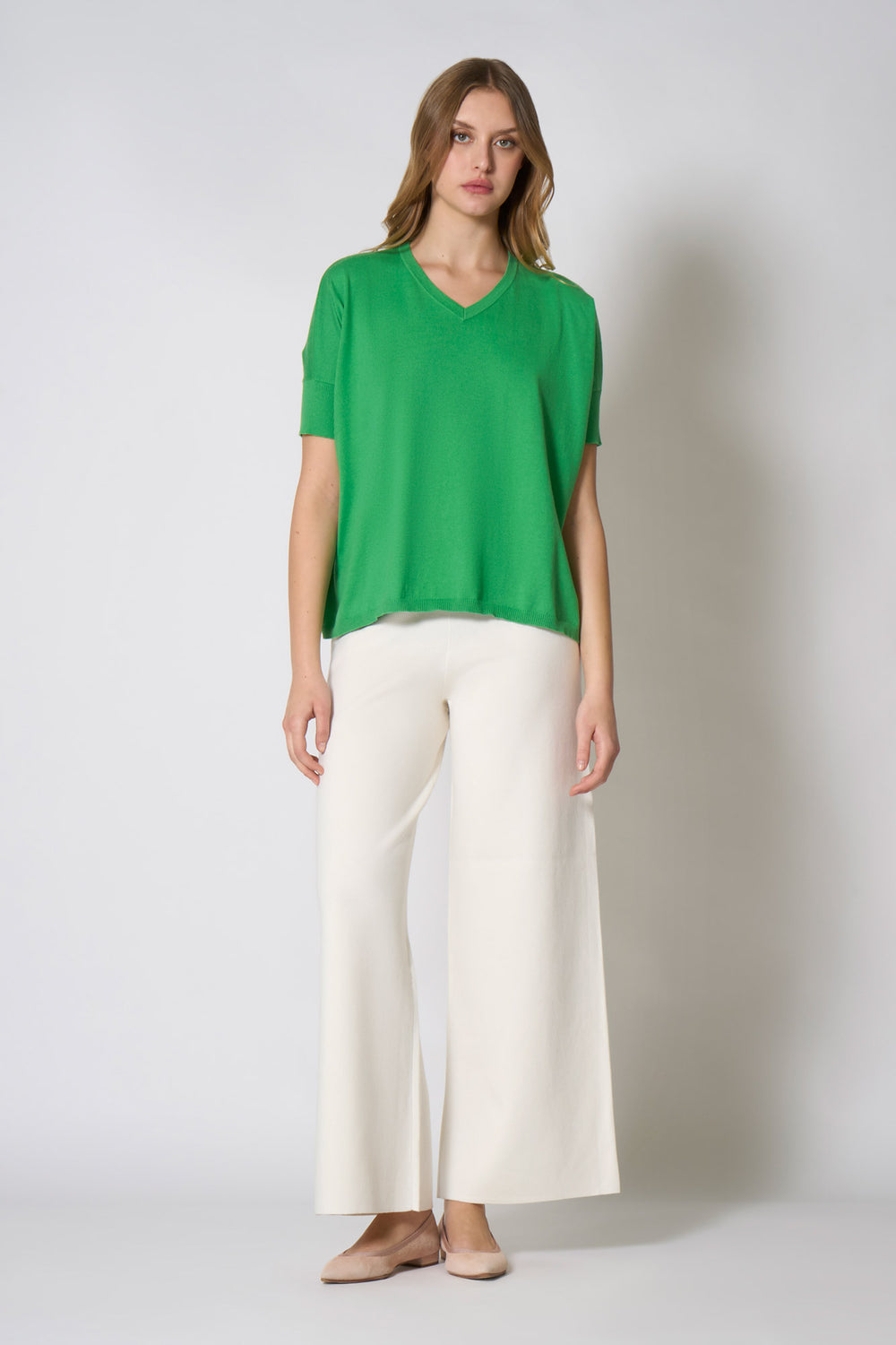 Maglia Scollo a V Mezza Manica Over in Cotone Seta Cashmere Verde