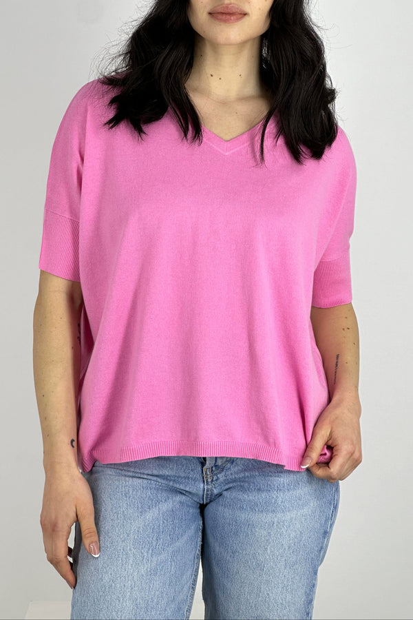 Maglia Scollo V Mezza Manica Over Cotone - Seta - Cashmere