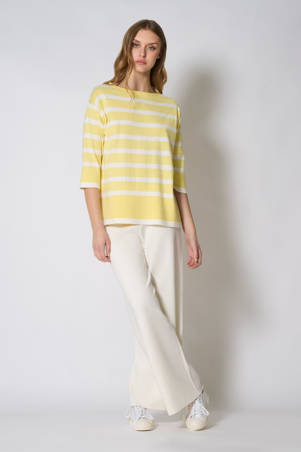 Maglia Scollo Barchetta in Cotone Seta Cashmere Giallo-Bianco Latte