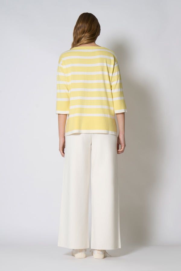 Maglia Scollo Barchetta in Cotone Seta Cashmere Giallo-Bianco Latte