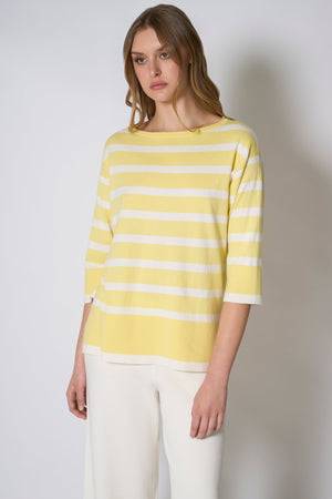Maglia Scollo Barchetta in Cotone Seta Cashmere Giallo-Bianco Latte