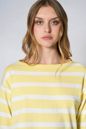 Maglia Scollo Barchetta in Cotone Seta Cashmere Giallo-Bianco Latte