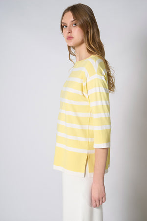 Maglia Scollo Barchetta in Cotone Seta Cashmere Giallo-Bianco Latte