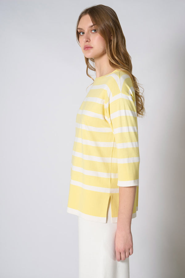 Maglia Scollo Barchetta in Cotone Seta Cashmere Giallo-Bianco Latte