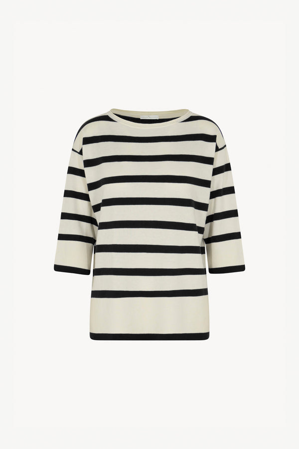 Maglia Scollo Barchetta in Cotone Seta Cashmere Bianco Latte-Nero