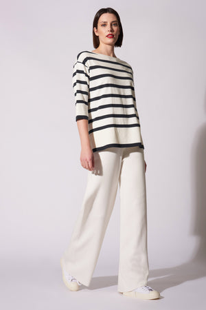 Maglia Scollo Barchetta in Cotone Seta Cashmere Bianco Latte-Nero