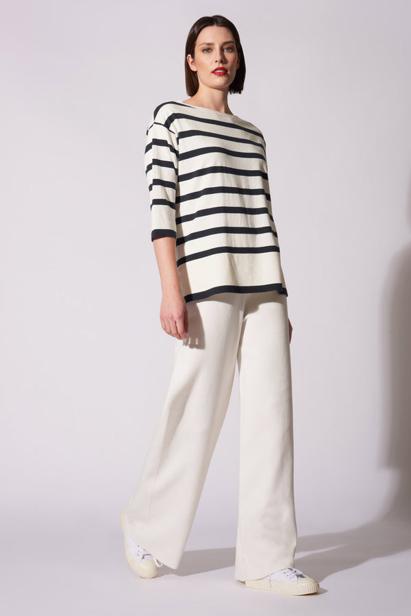 Maglia Scollo Barchetta in Cotone Seta Cashmere Bianco Latte-Nero