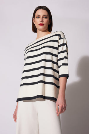 Maglia Scollo Barchetta in Cotone Seta Cashmere Bianco Latte-Nero