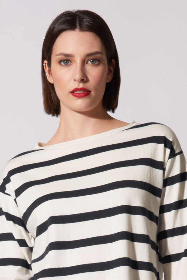 Maglia Scollo Barchetta in Cotone Seta Cashmere Bianco Latte-Nero