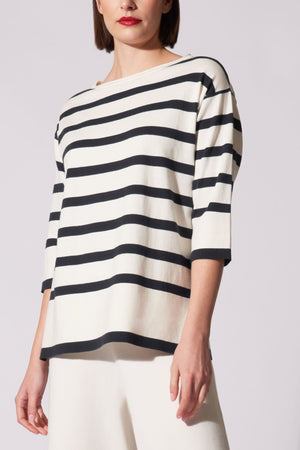 Maglia Scollo Barchetta in Cotone Seta Cashmere Bianco Latte-Nero