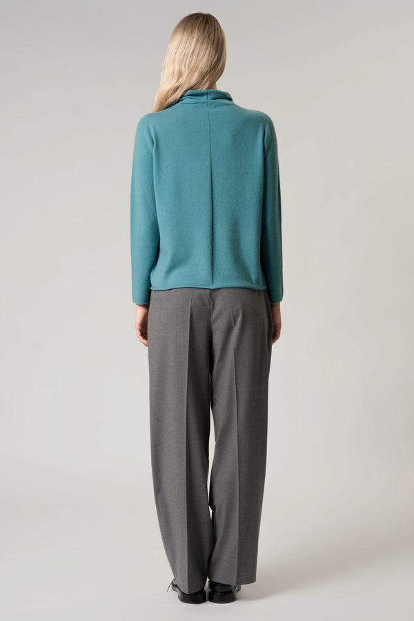 Maglia Lupetto Dritto-Rovescio in Puro Cashmere Turchese