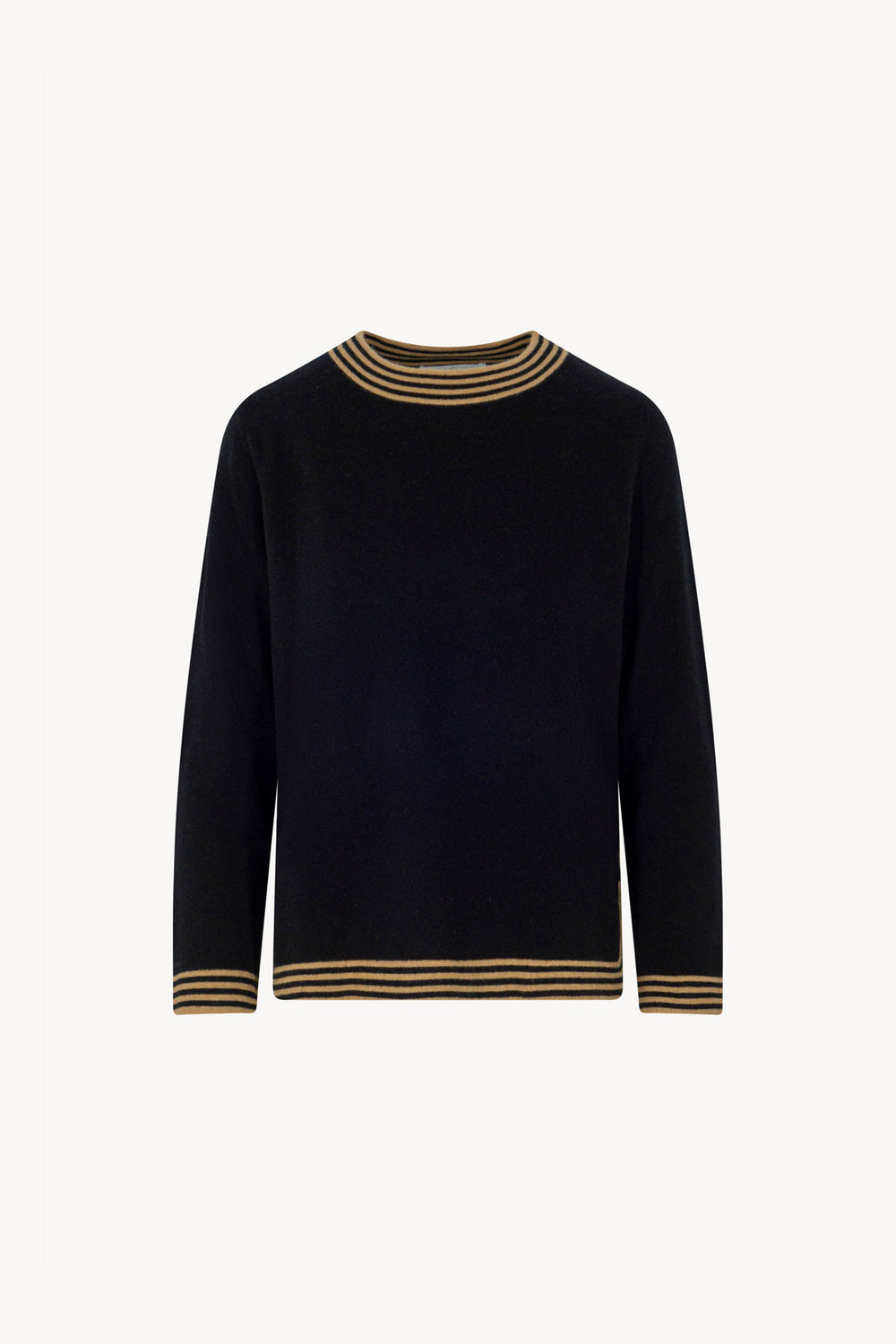 Maglia con Bordi a Righe in Puro Cashmere Nero-Cammello
