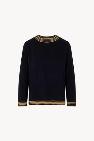 Maglia con Bordi a Righe in Puro Cashmere Nero-Cammello