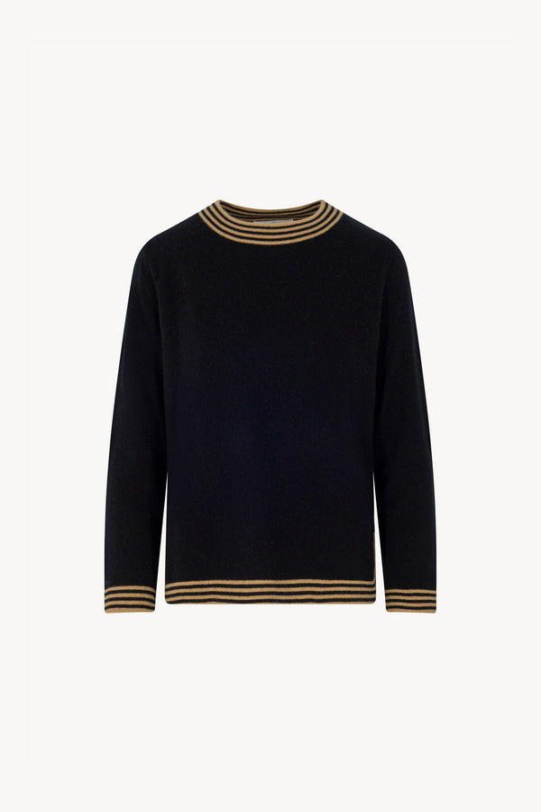 Maglia con Bordi a Righe in Puro Cashmere Nero-Cammello