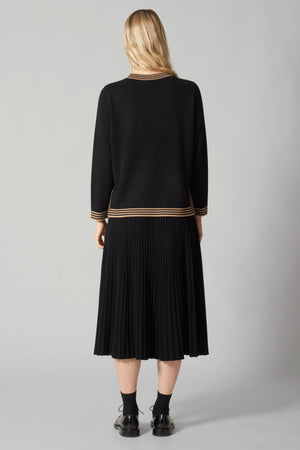 Maglia con Bordi a Righe in Puro Cashmere Nero-Cammello