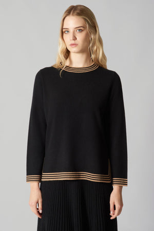 Maglia con Bordi a Righe in Puro Cashmere Nero-Cammello