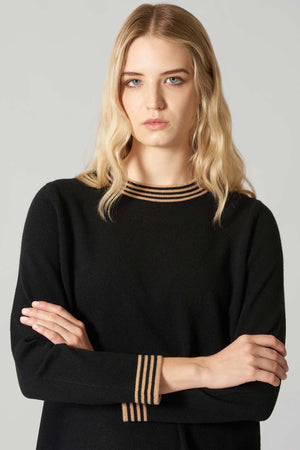 Maglia con Bordi a Righe in Puro Cashmere Nero-Cammello