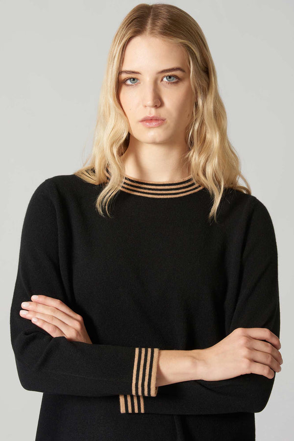 Maglia con Bordi a Righe in Puro Cashmere Nero-Cammello