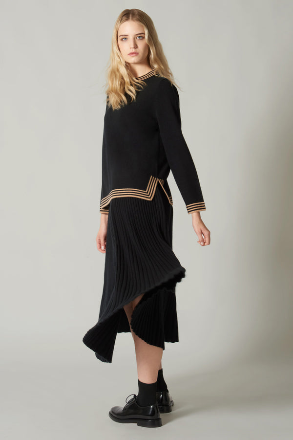 Maglia con Bordi a Righe in Puro Cashmere Nero-Cammello