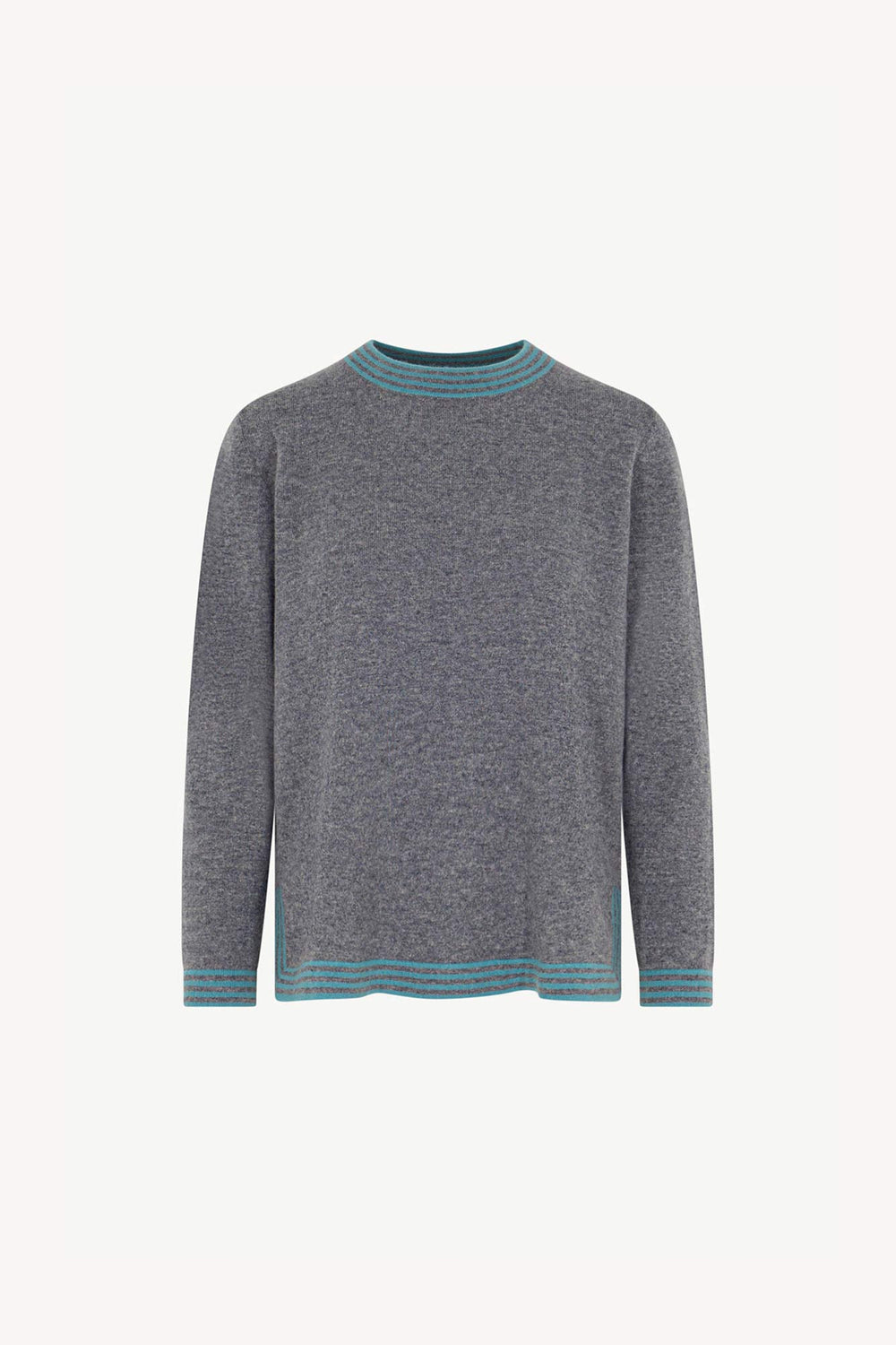 Maglia con Bordi a Righe in Puro Cashmere Derby-Turchese