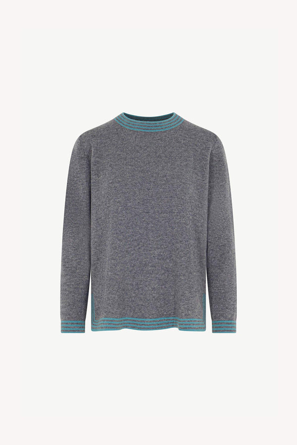 Maglia con Bordi a Righe in Puro Cashmere Derby-Turchese