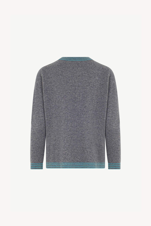 Maglia con Bordi a Righe in Puro Cashmere Derby-Turchese