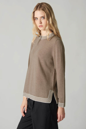 Maglia con Bordi a Righe in Puro Cashmere Derby-Turchese