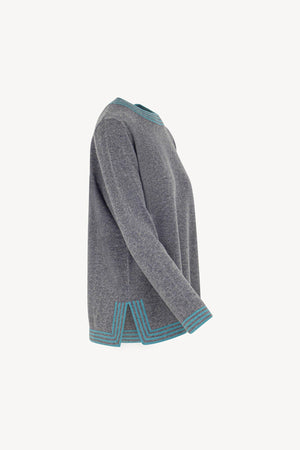 Maglia con Bordi a Righe in Puro Cashmere Derby-Turchese