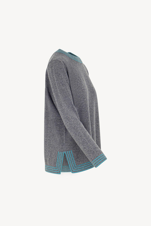 Maglia con Bordi a Righe in Puro Cashmere Derby-Turchese