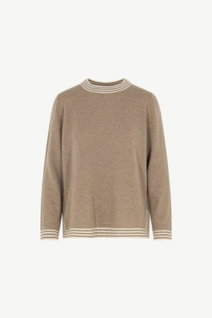 Maglia con Bordi a Righe in Puro Cashmere Dune-Latte