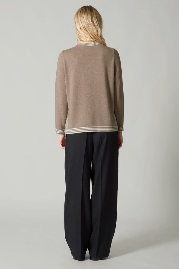 Maglia con Bordi a Righe in Puro Cashmere Dune-Latte